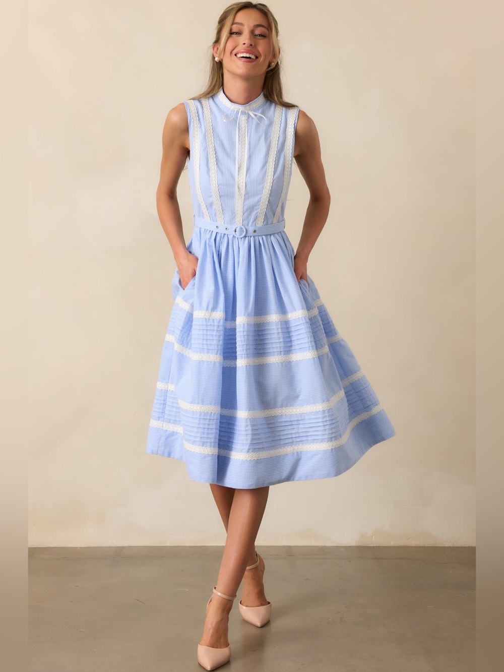 NEW PROSPERINA | Emma Ribbon Trim Dress in Blue Micro Gingham with pockets | Med